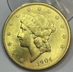 Золотая монета "ГОЛОВА СВОБОДЫ" ОРЕЛ 20 долларов, 1904г. США